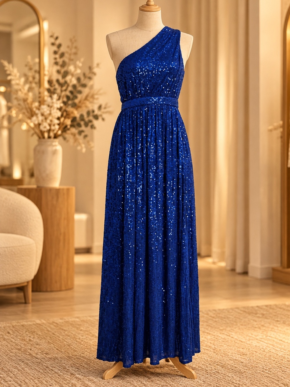 Elegant One-Shoulder Royal Blue Sequin Evening Dress